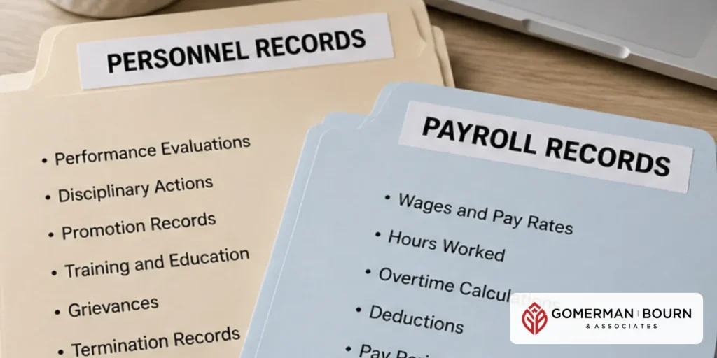 Personnel records and payroll records folders side by side on a desk, with the Gomerman Bourn & Associates logo